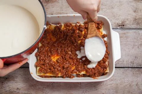 Making Lasagna Bolognese Stock Photos