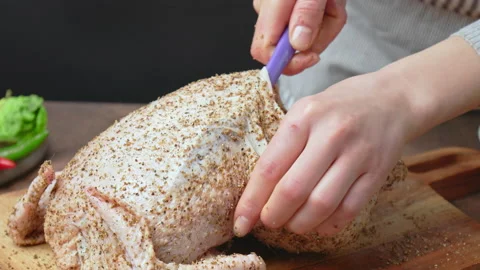 Making a little pouch on a Chicken by separating the skin from the body in 4K. Stock Footage 145108617