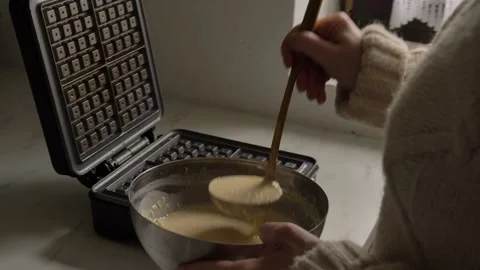 Making low-flour Belgian waffles at home. Stock Footage 166118813