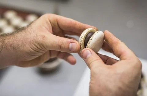 Making macarons at pastry Stock Photos