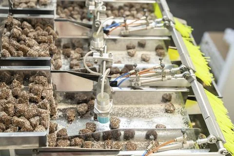 Making machine of chocolate sweets. Chocolate factory. Sweets production process Stock Photos
