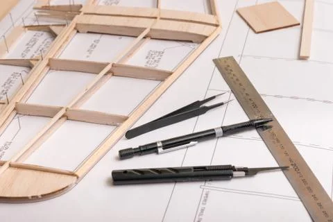 Making a model airplane from balsa wood with instructions Stock Photos