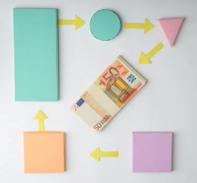 Making money flow chart. Colored paper blocks and stack of banknotes Stock Photos