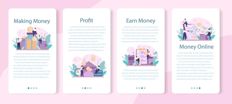Making money mobile application banner set. Idea of business development Stock Illustration