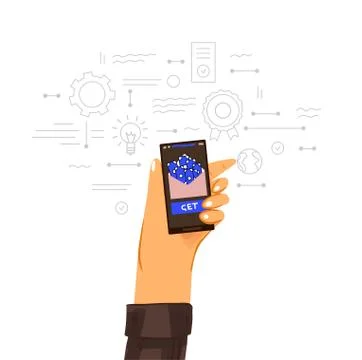 Making money online vector flat concept. Human hand with phone and envelope with Stock Illustration