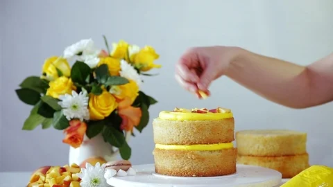 Making multi-layered cake from cake layers, cream filling, pieces of fruits. Stock Footage 102042912