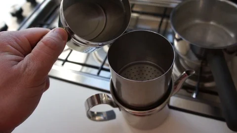 Making Neapolitan Coffee With Flip Pot In Caravan Kitchen Stock Footage 97121430