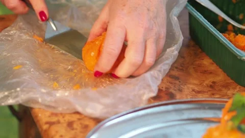 Making oranges from grated carrots, vegetable salad fillings with mayonnaise. Video stock 167783621