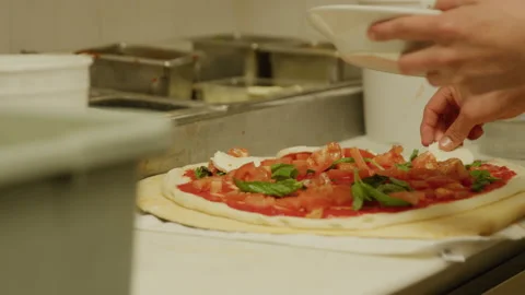 Making pizza mozzarella cheese on pizza italian restaurant kitchen Stock Footage 238969014