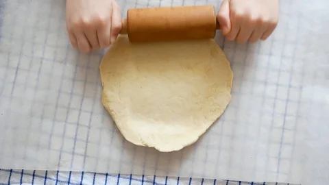 Making pizza or pide dough by close up girl hands in pastry kitchen Stock Footage 102694100