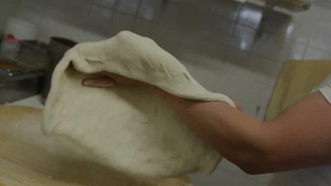 Making pizza working tossing dough italian restaurant kitchen Stock Footage 238719089