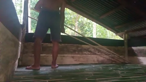 Making a place to smoke coconuts processed into copra Stock Footage 312075828