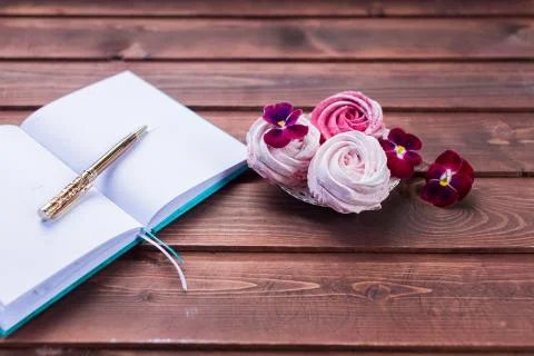 Making plans in tiny notebook for christmas.decorations and sweet pink Stock Photos