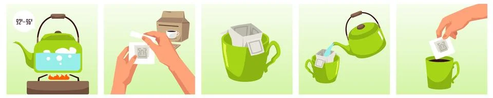 Making process of drip brewed coffee, flat vector illustration. Stock Illustration