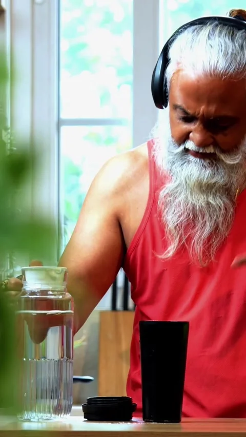 Making protein shake post workout, Indian mid age fit man in kitchen Stock Footage 342756955