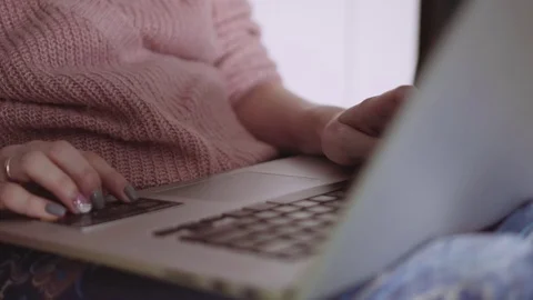 Making purchase and payment online. Close up shot of female hands with laptop Stock Footage 72632622