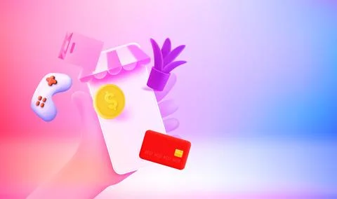 Making purchasing online concept. 3d vector banner with copy space Stock Illustration