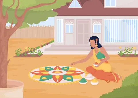 Making rangoli pattern before front door flat color vector illustration Stock Illustration