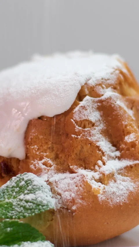 Making Raspberry Cake With Cream. sprinkle with powdered sugar baking Stock Footage 303499218
