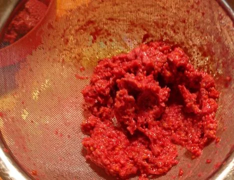 Making red currant syrup – straining fruit pulp Stockfoto's