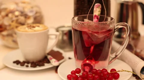 Making red currant tea, fresh berry fruits, coffee, breakfast Stock Footage 35996641