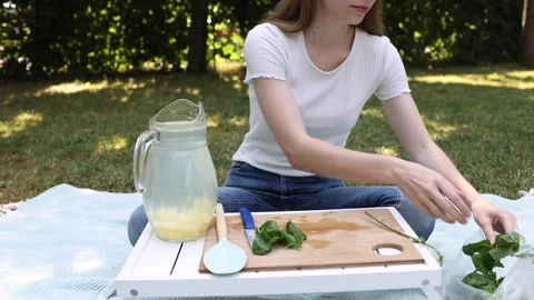 Making refreshing beverages with fresh ingredients outdoors in summer sunshine Stock Footage 297370226