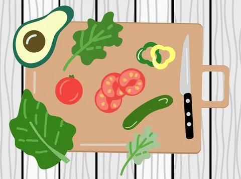 Making salad vector illustration. Vegetables and knife on cutting board Stock Illustration