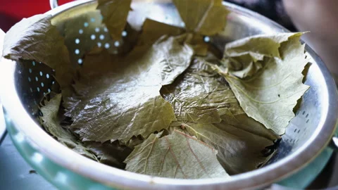 Making Sarmale - Stuffed Vine Leaf Rolls Stock Footage 135690270