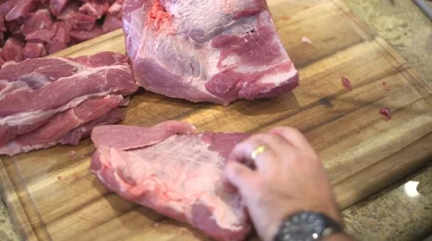 Making sausage 11, cutting pork butt Stock Footage 45576568