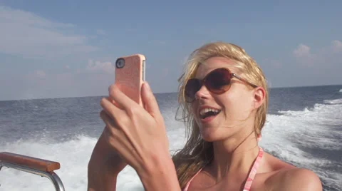 Making A Selfie On Boat In Open Sea Stock Footage 50685679