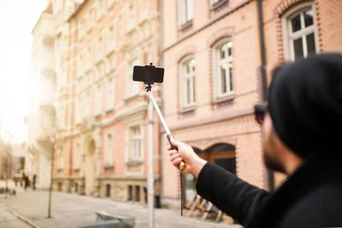 Making selfie in the town square Stock Photos