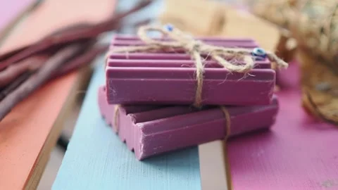 Making simple purple soap at home during afternoon Stock Footage 337877017