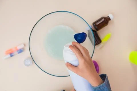 Making slime, step by step instruction, step four, adding shaving foam. Photos