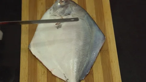 Making Slits or Gashes on Pomfret fish 4K Video stock 120725585