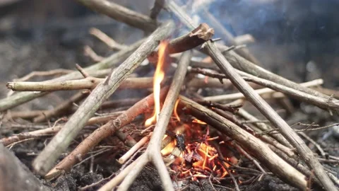 Making a small fire outdoor in the forest with trees branches, dry twigs Stock Footage 140819324