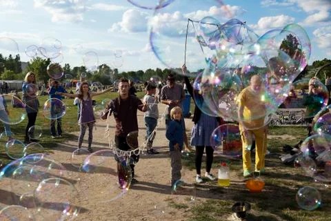 Making soap bubbles at mauerpark Stock Photos