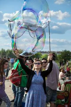 Making soap bubbles at mauerpark Stock Photos