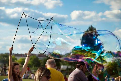 Making soap bubbles at mauerpark Stock Photos