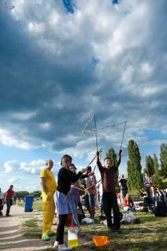 Making soap bubbles at mauerpark Stock Photos