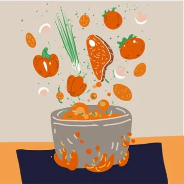 Making soup vector concept. Pot with bulbing delicious food on a fire and all Stock Illustration