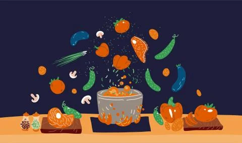 Making soup vector concept. Pot with bulbing delicious food on a fire and all Stock Illustration