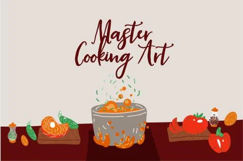 Making soup vector concept. Pot with bulbing delicious food on a fire and all Stock Illustration