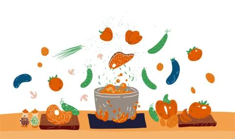Making soup vector concept. Pot with bulbing delicious food on a fire and all Stock Illustration
