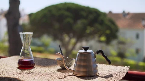 Making speciality coffee at home. Filter coffee on the terrace with a view Stock Footage 129317817
