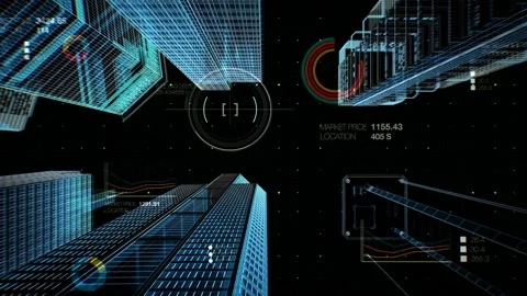 Making steel frame and construction smart city IoT building with UI,  x-ray. 4k. Video stock 105836084