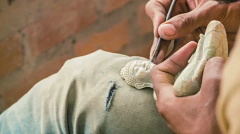 Making stone buddha figurine. workshop in cambodia, siem reap Stock Footage 35738500