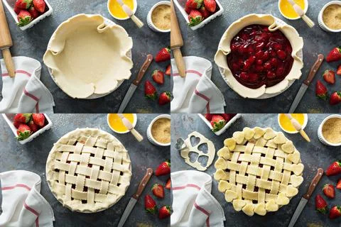 Making strawberry pie process collage Stock Photos