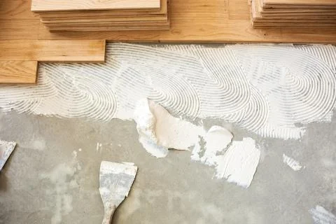 Making of subfloor base using a hand tool Stock Photos