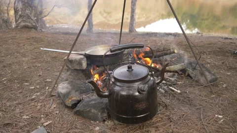 Making tea in the campfire_camping 4K Stock Footage 147494559
