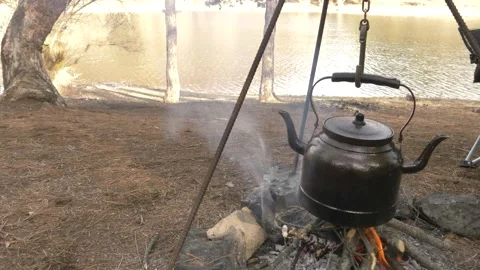 Making tea in the campfire_camping 4K Stock Footage 147494753
